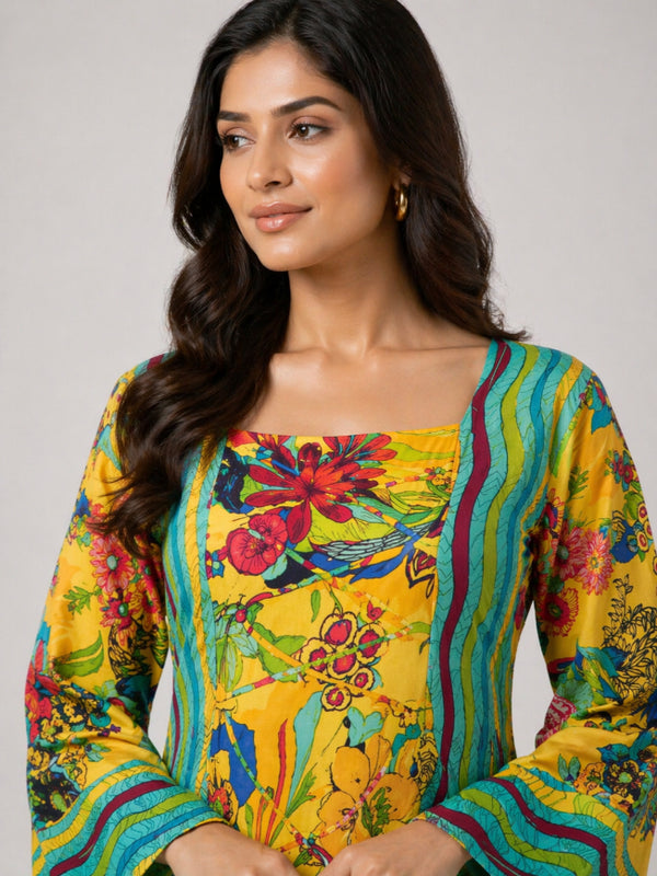 Floral Print Flared Sleeve Cotton Top
