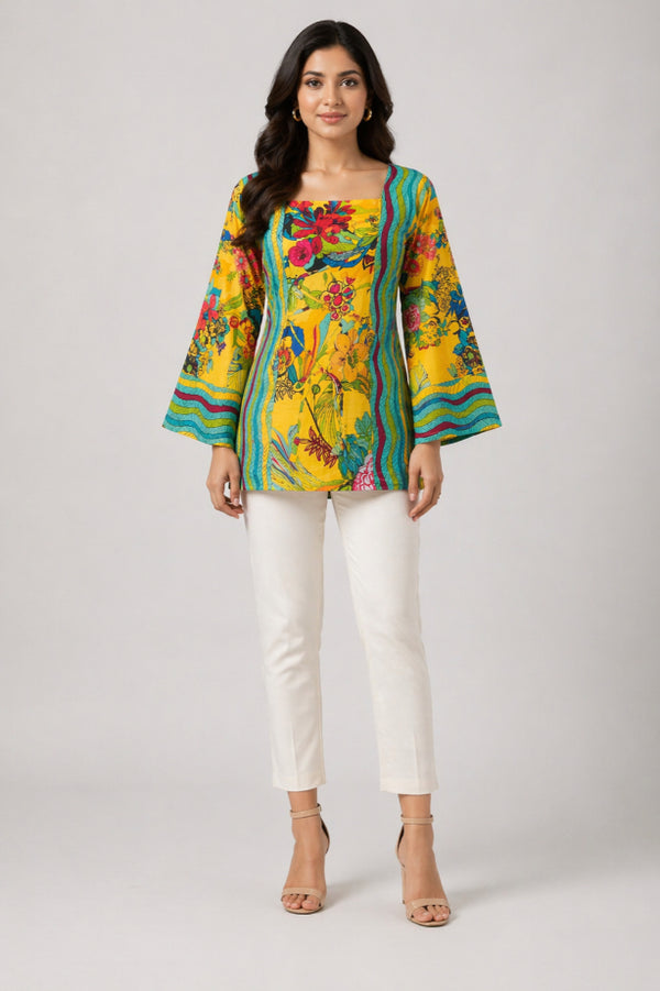 Floral Print Flared Sleeve Cotton Top