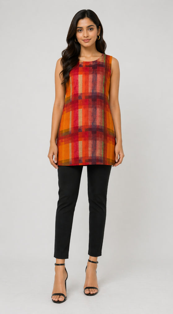 Checked Round Neck Sleeveless Neck Top