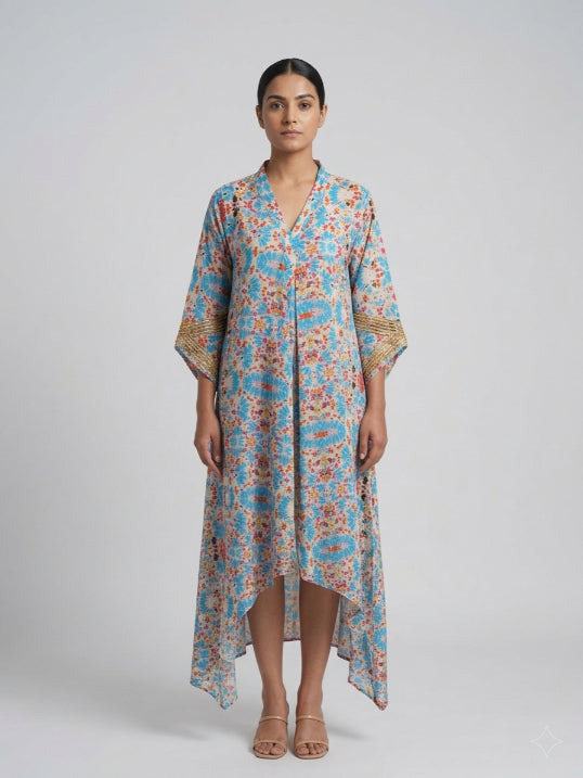 Tie and Dye Print Kaftan Midi Dress