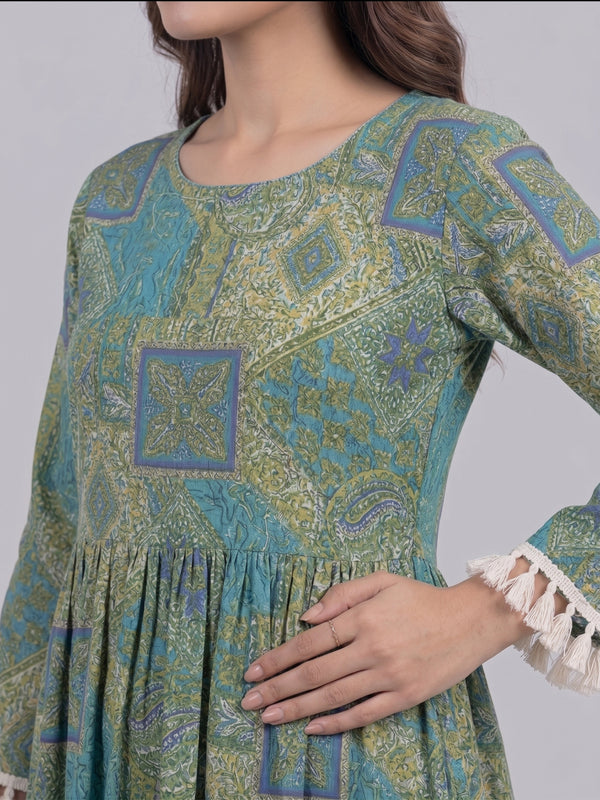 Print Fringed A-Line Maxi Dress