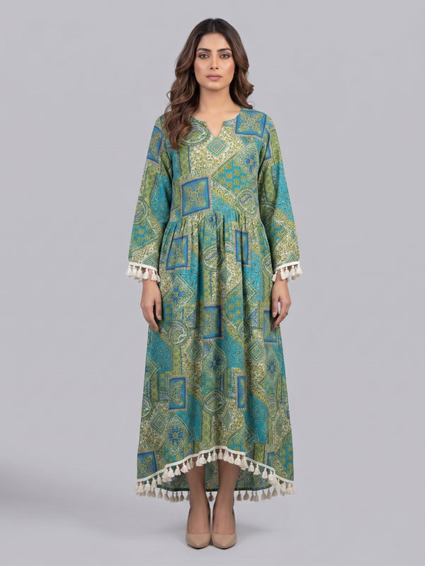 Print Fringed A-Line Maxi Dress