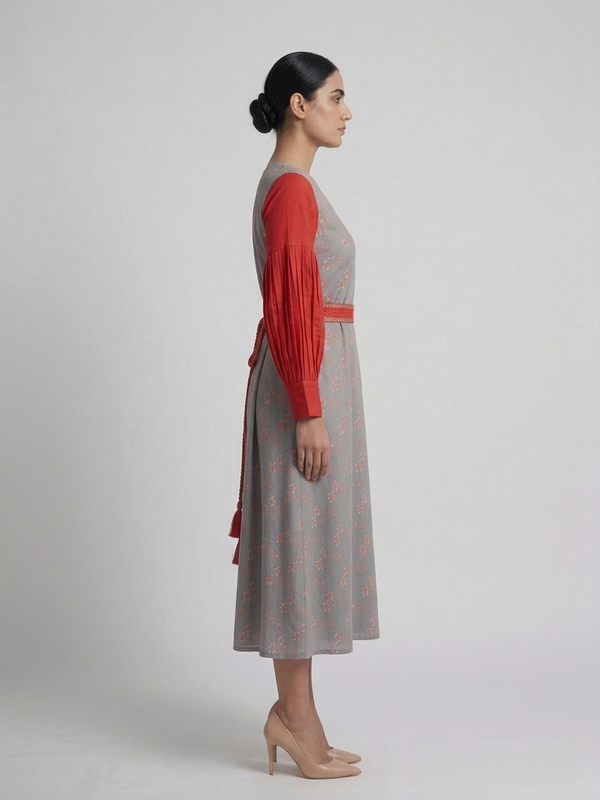 House of Fabera: Slate Grey & Crimson Bishop-Sleeve Maxi Dress with Tassel Belt