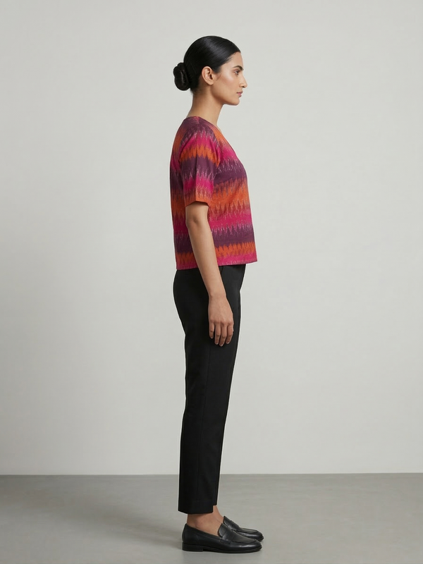 House of Fabera: Sunset Crimson Ikat Print V-Neck Fusion Top