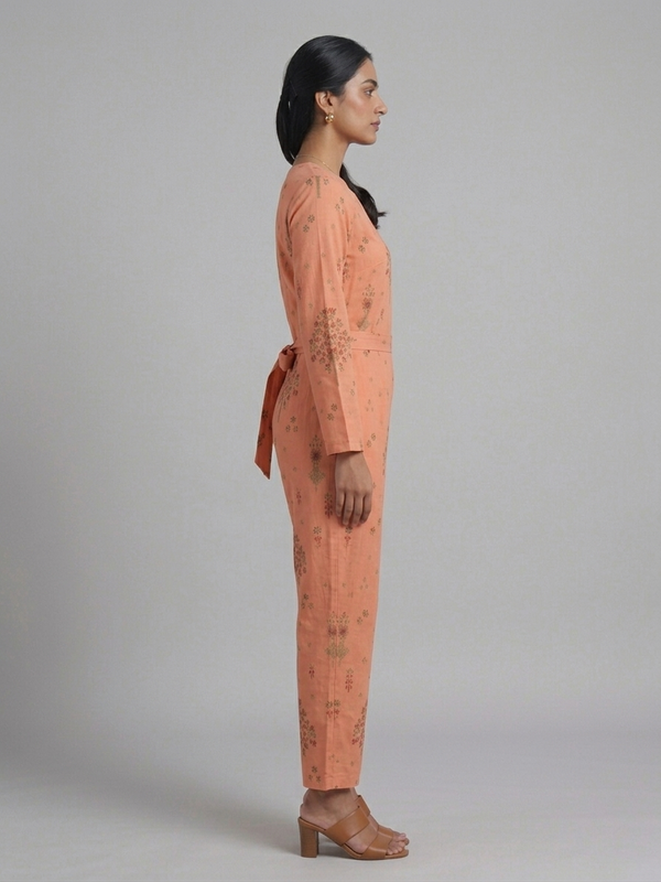 House of Fabera: Peach Nectar Floral Wrap-Front Jumpsuit