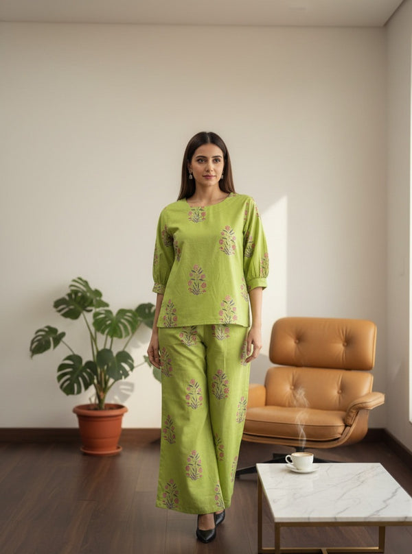 Model sitting and standing in a modern living room wearing a House of Fabera lime green floral print tunic and trouser set.