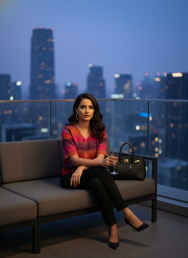 House of Fabera: Sunset Crimson Ikat Print V-Neck Fusion Top