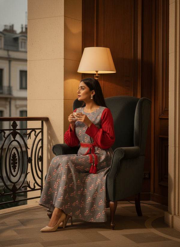 House of Fabera: Slate Grey & Crimson Bishop-Sleeve Maxi Dress with Tassel Belt