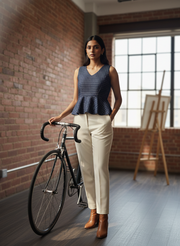 House of Fabera: Sapphire Grid V-Neck Sleeveless Peplum Top