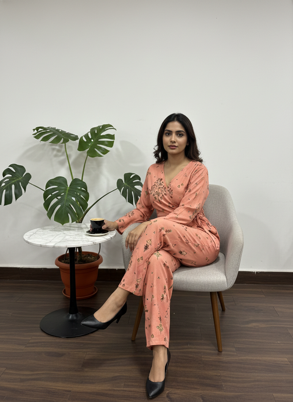House of Fabera: Peach Nectar Floral Wrap-Front Jumpsuit