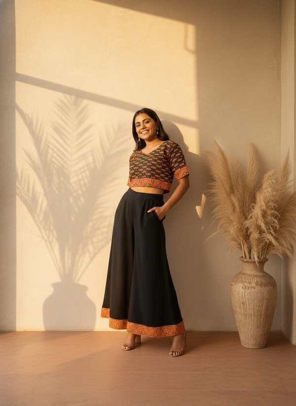 House of Fabera: Midnight Black Ajrakh Print Indo-Western Co-ord Set